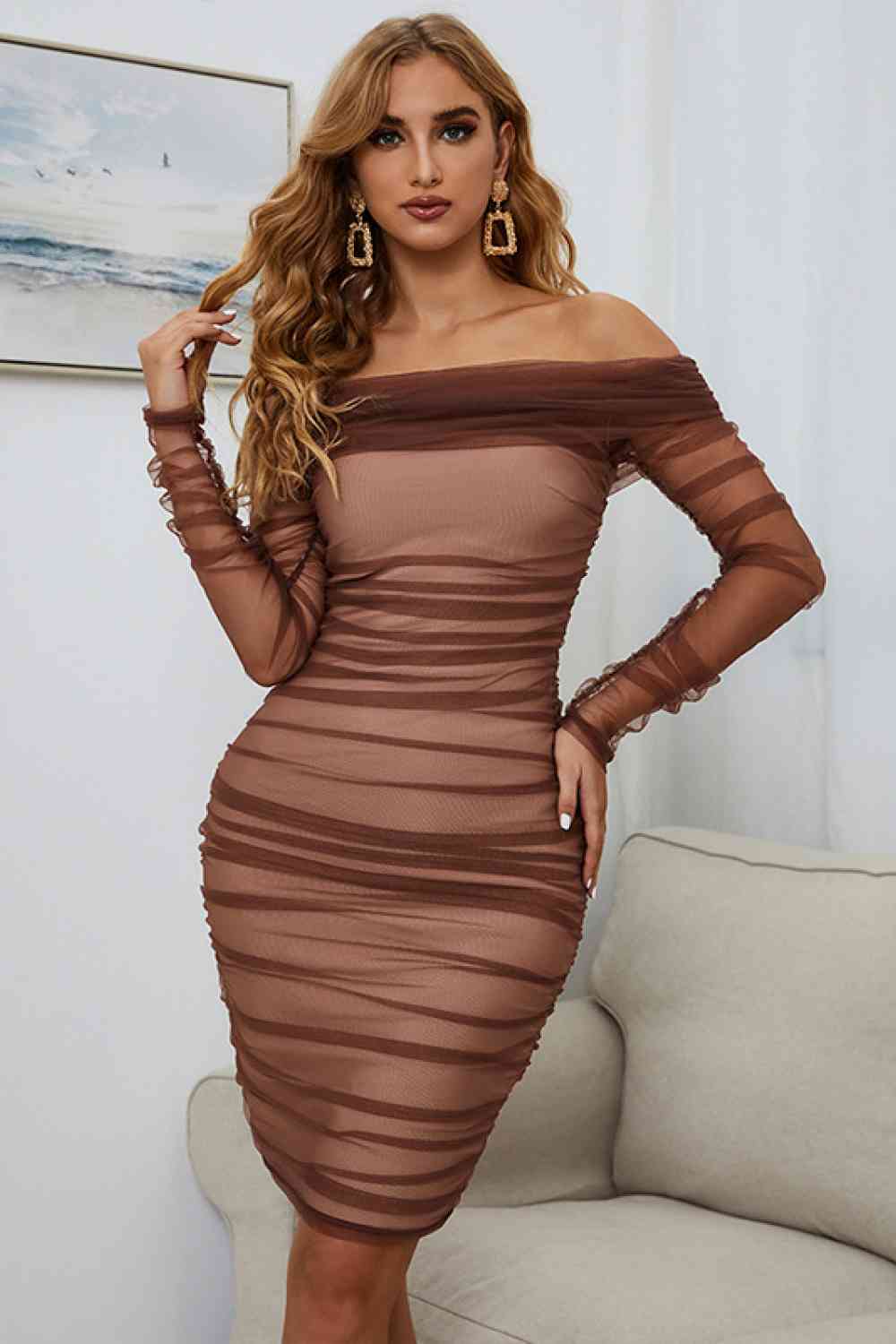 The Luncheon” Off-Shoulder Ruched Long Sleeve Tulle Dress