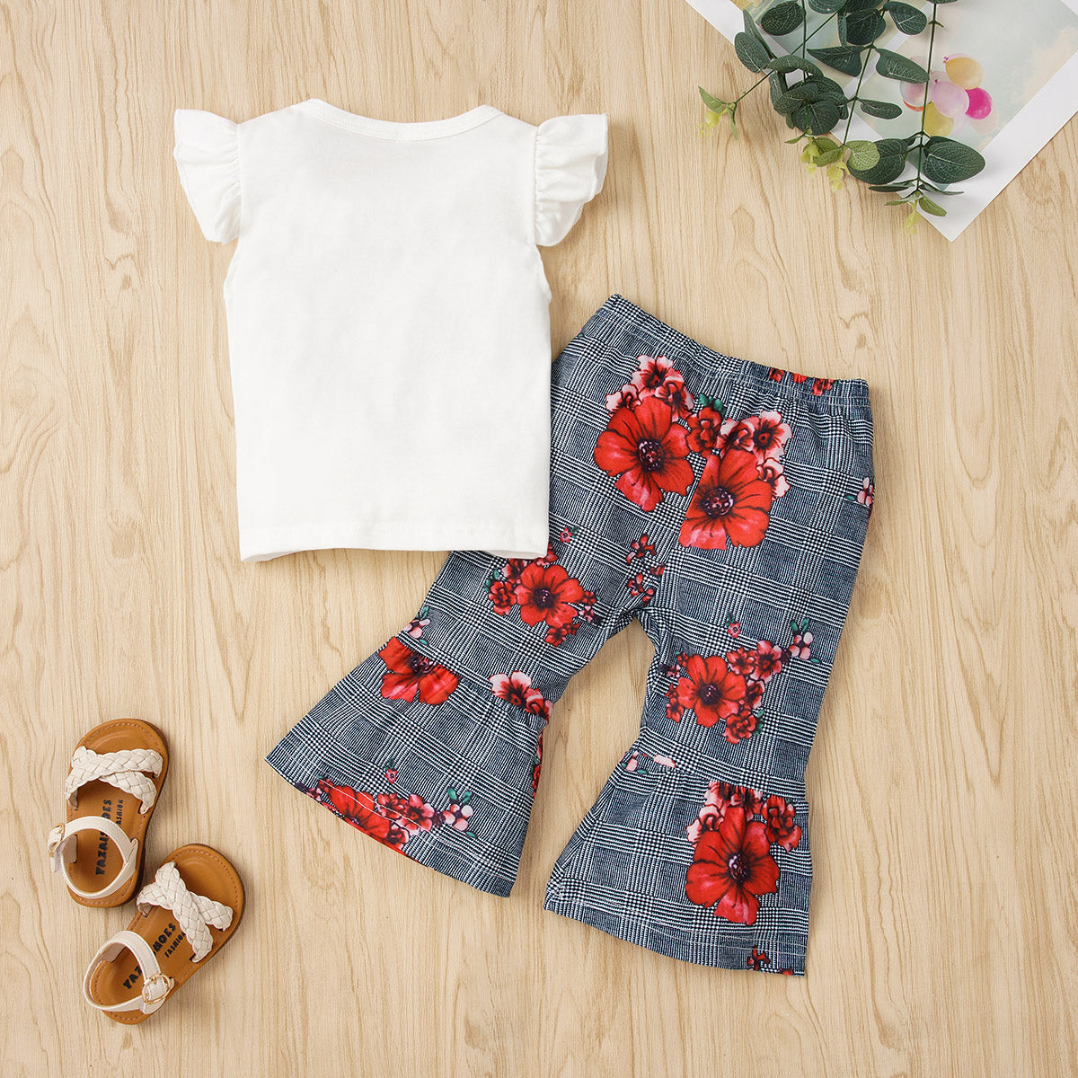 “Brickie Girls:The Justice” Graphic Tie Hem Top and Floral Flare Pants Set