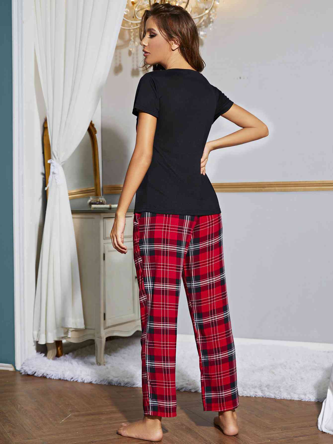 “The Plaided Sleeper” Heart Graphic V-Neck Top and Plaid Pants Lounge Set