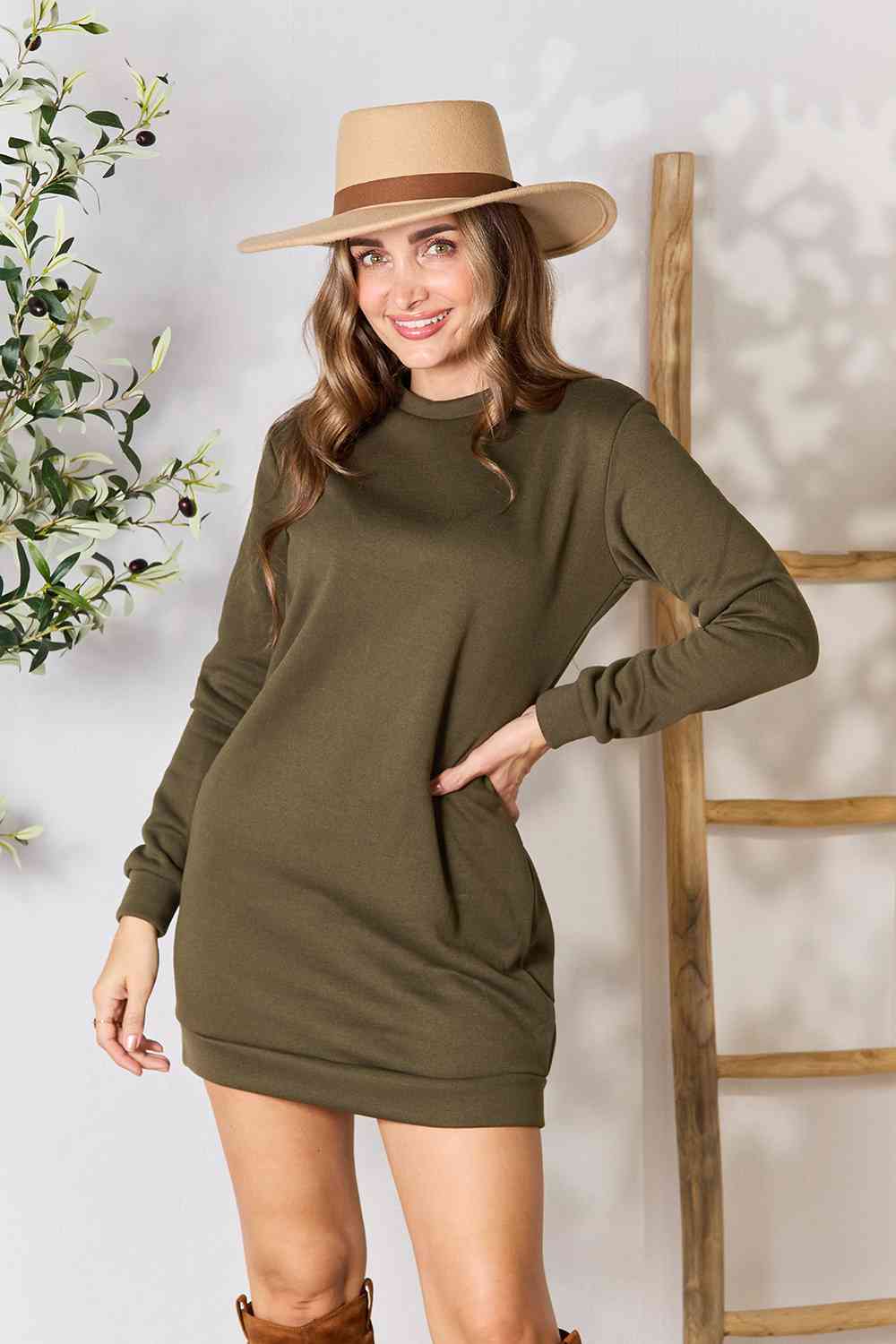 “The Nothing To Hide” Double Take Round Neck Long Sleeve Mini Dress with Pockets