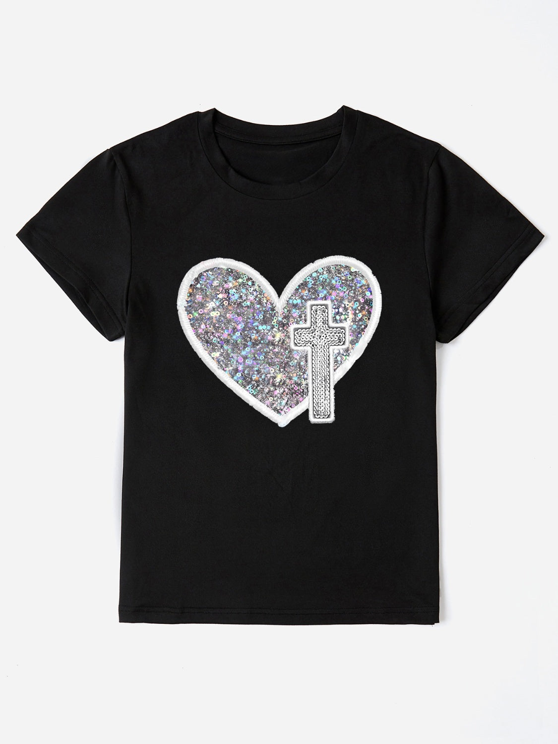 “The Glory” Sequin Heart Round Neck Short Sleeve T-Shirt