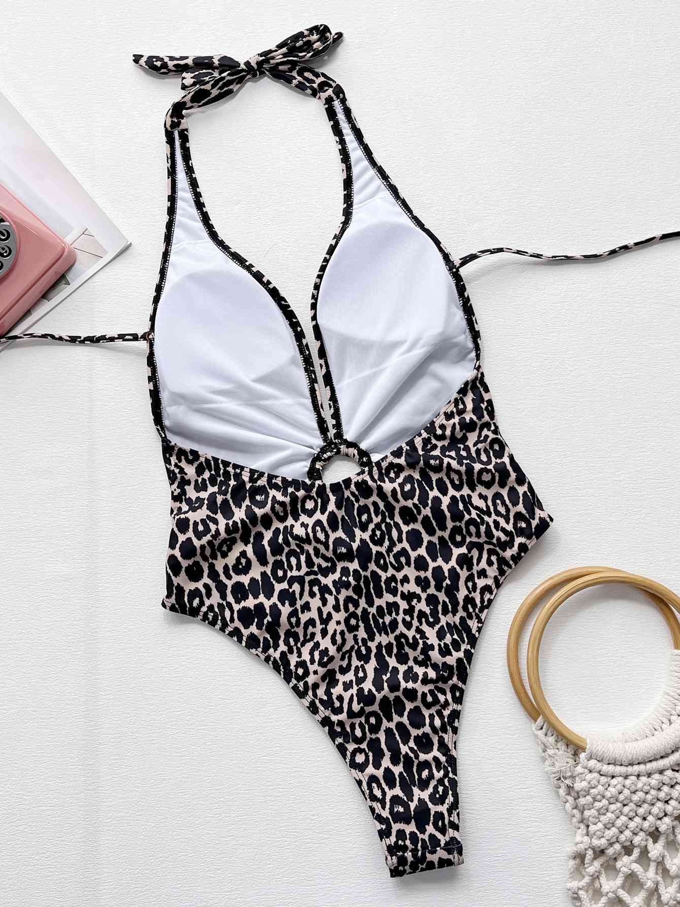 “The Lady Leo” Leopard Halter Neck Ring Detail One-Piece Swimsuit