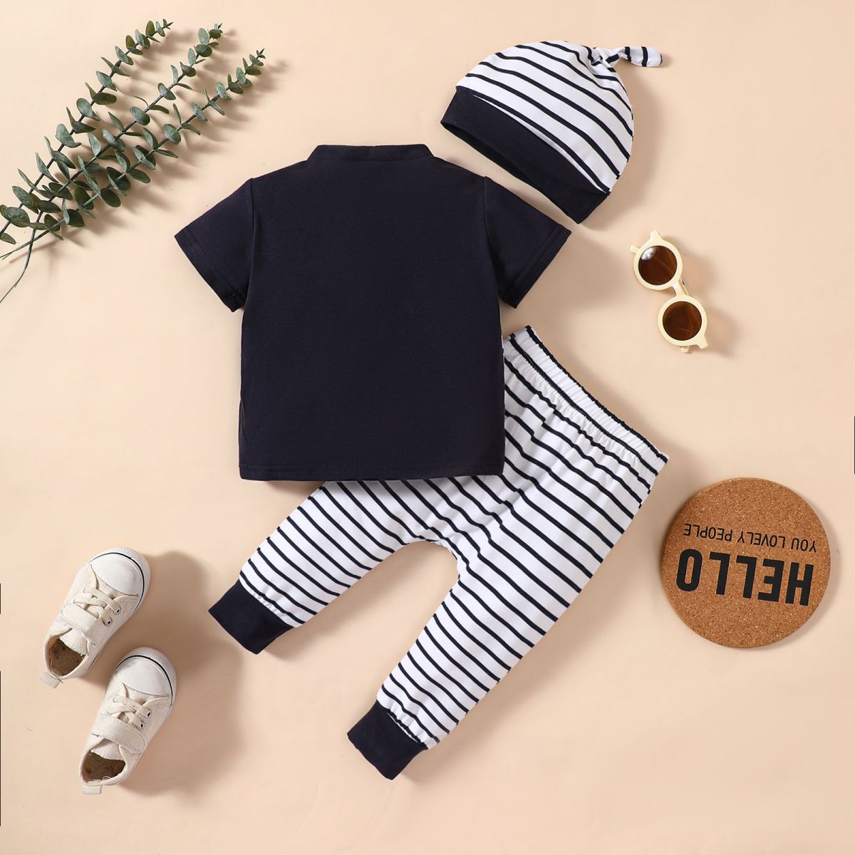 Baby Elephant Graphic Top and Striped Pants Set