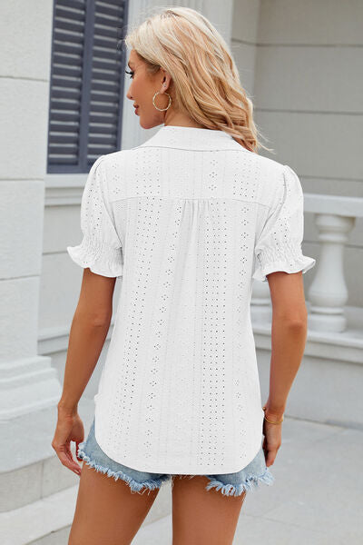 “The Librarian” Eyelet Johnny Collar Short Sleeve Blouse