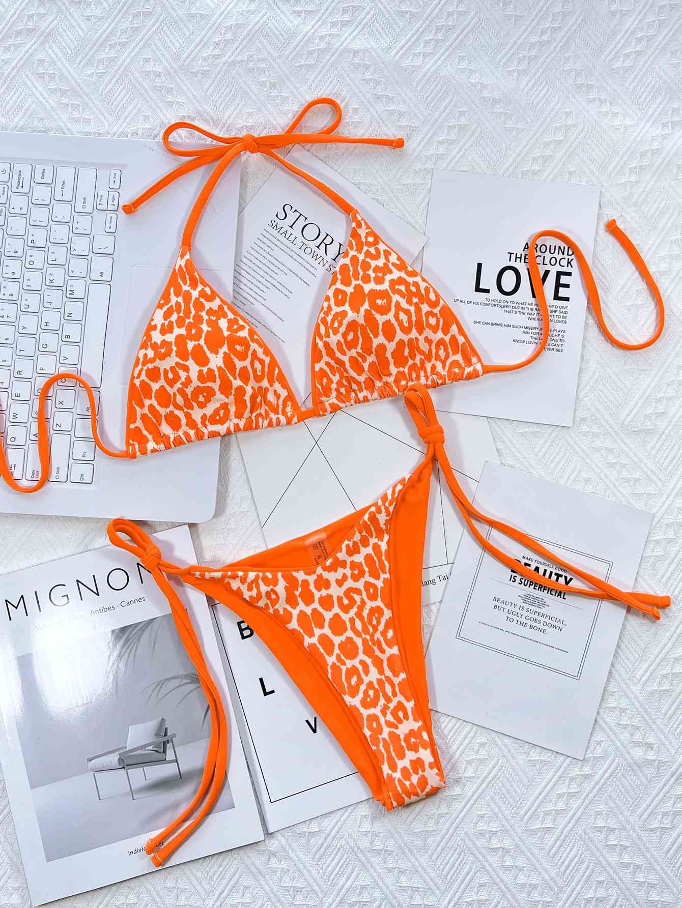 “The Glow Leopard” Print Halter Neck Tie Side Bikini Set