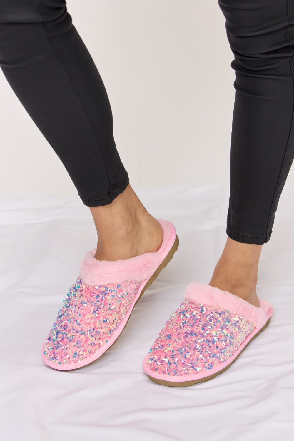 “The Pink Slip” Link Sequin Plush Round Toe Slippers