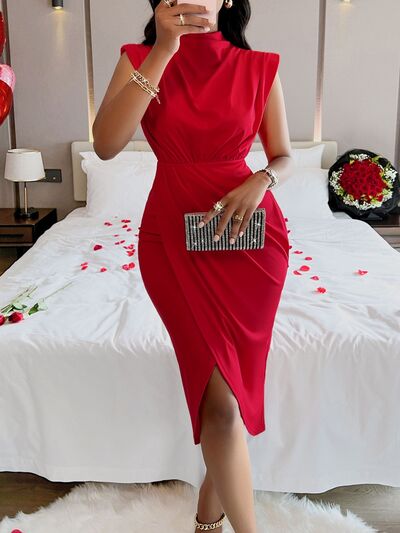 “The Mandarin” Cutout Slit Mock Neck Sleeveless Dress