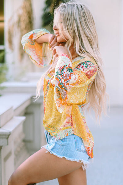 “The Double Take” Printed Lace Trim Buttoned Blouse