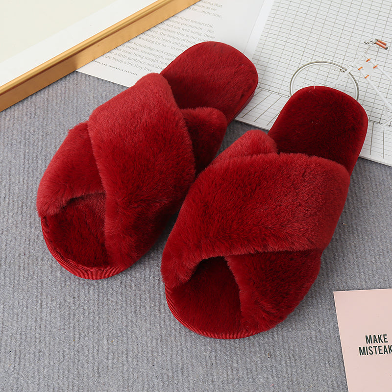 “The Softie” Faux Fur Crisscross Strap Slippers