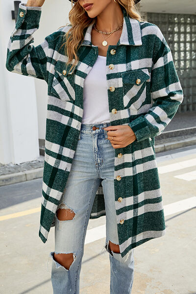 Plaid Button Up Collared Neck Coat with Pockets