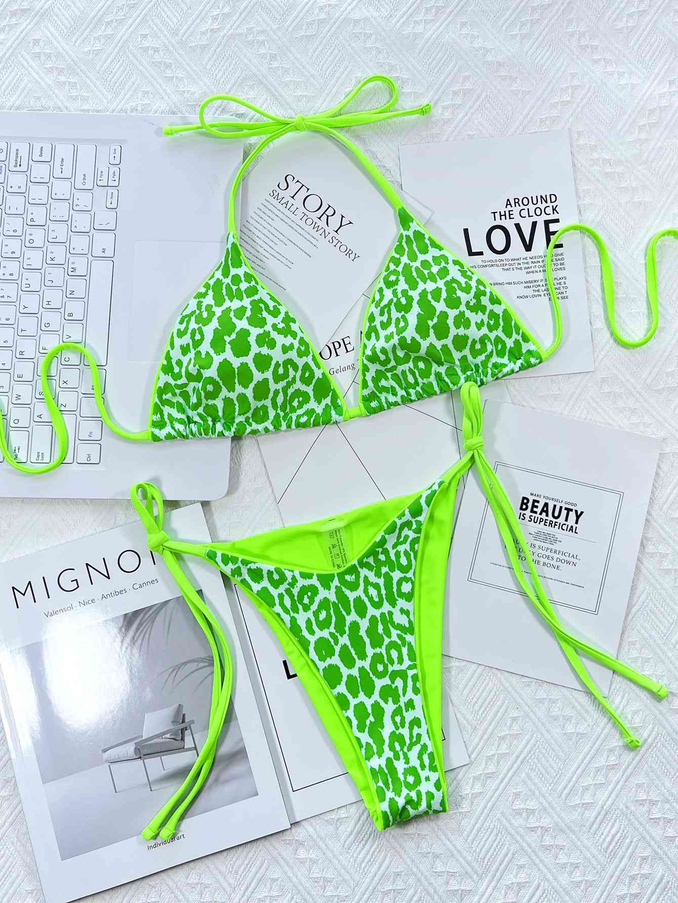 “The Glow Leopard” Print Halter Neck Tie Side Bikini Set