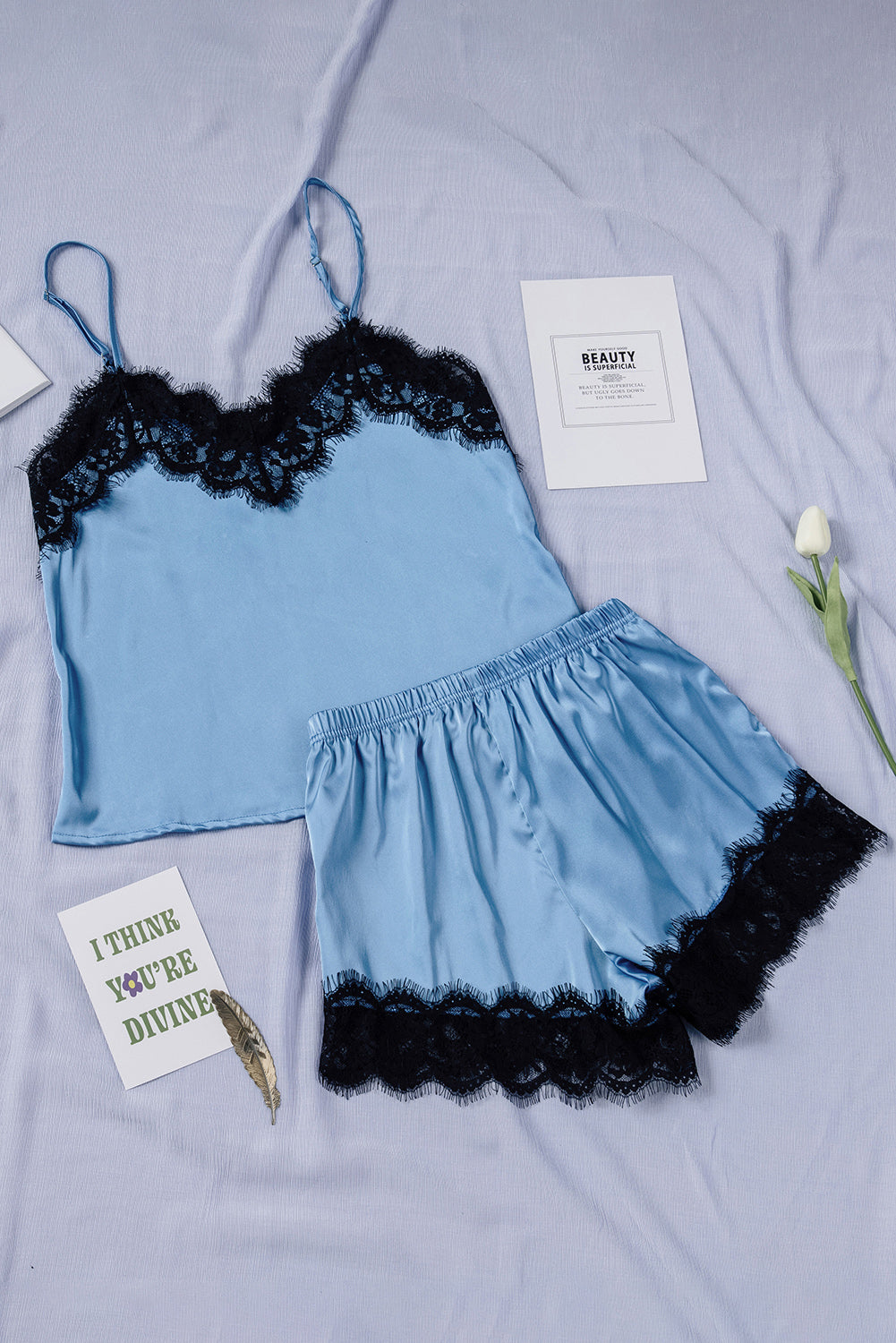 “The Night Bag Edition” Lace Detail Spaghetti Strap Top and Shorts Lounge Set