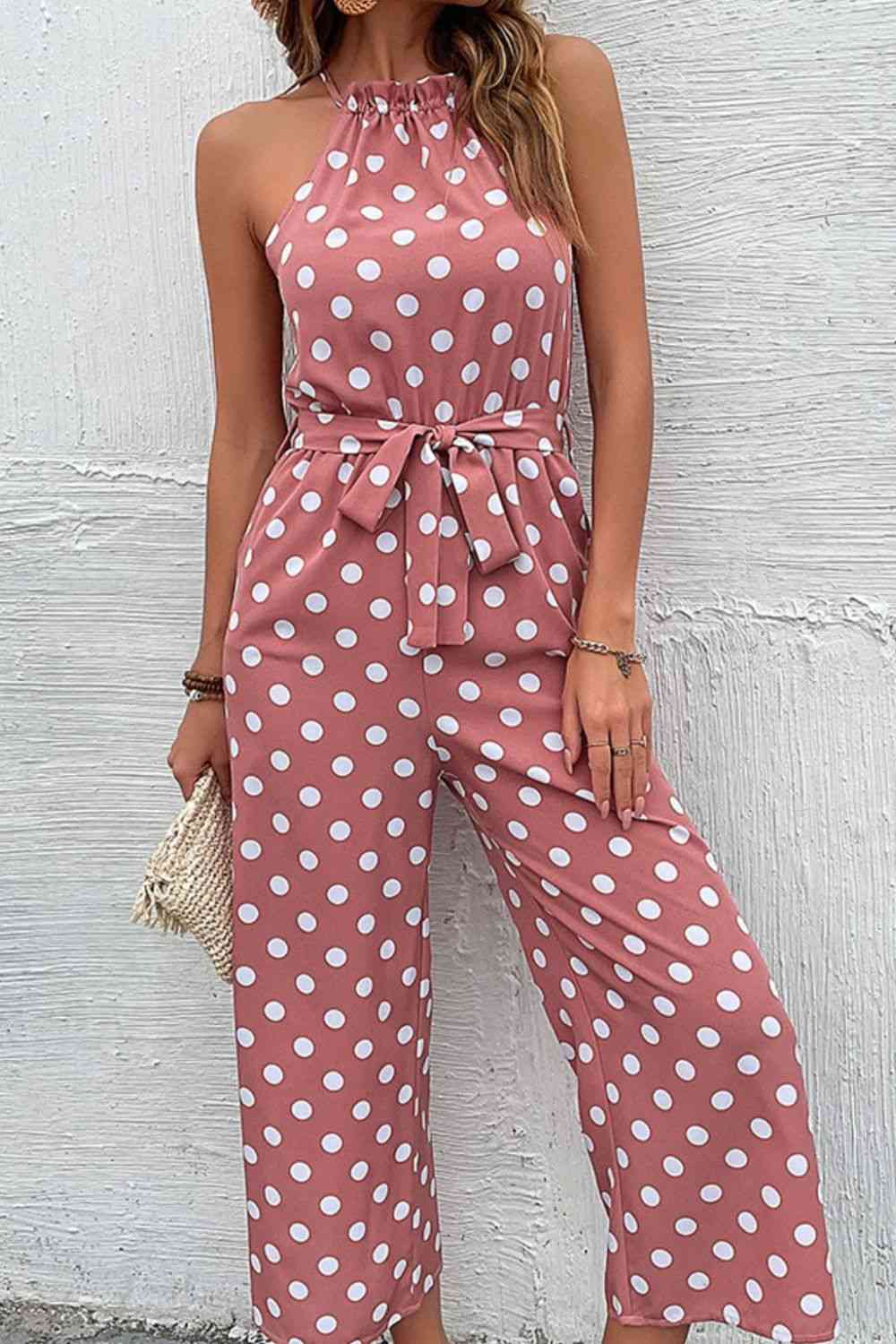 “The Corporate Picnic” Polka Dot Grecian Wide Leg Jumpsuit