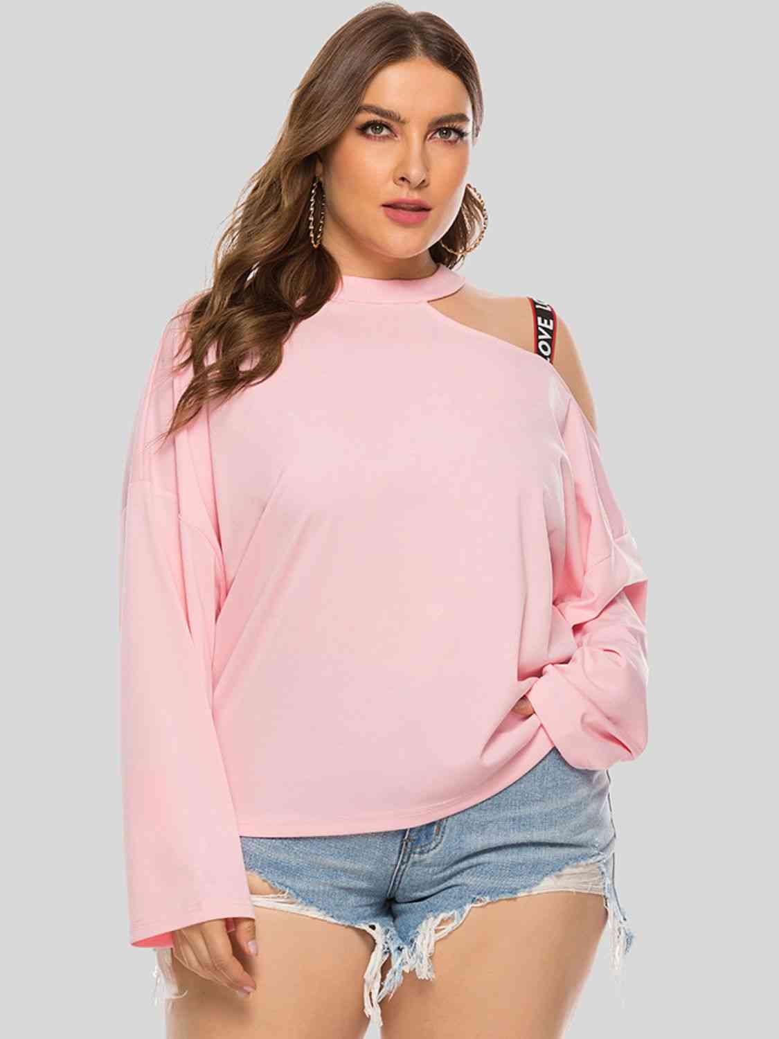 “The Love Strap” Plus Size Cold-Shoulder Round Neck Blouse