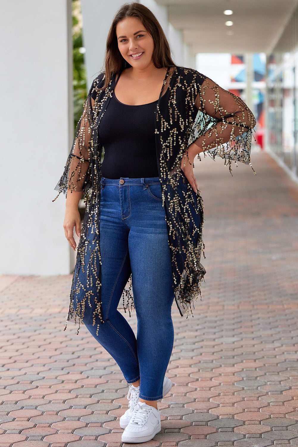 “The Dream Net” Plus Size Contrast Sequin Sheer Mesh Cardigan