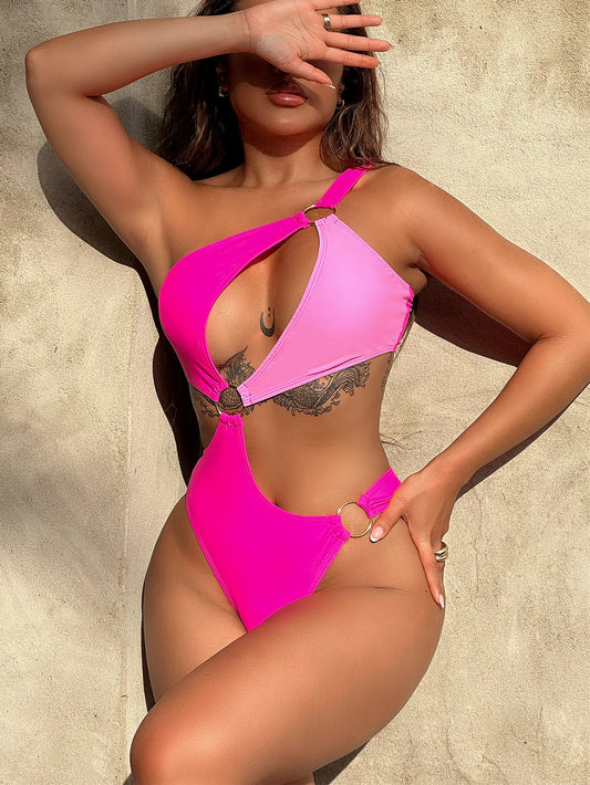 “The Ring The Alarm” One-Shoulder Cutout Ring Detail One-Piece Swimsuit