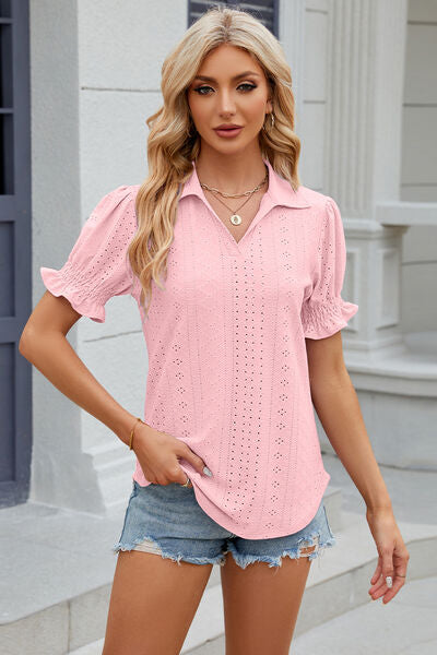 “The Librarian” Eyelet Johnny Collar Short Sleeve Blouse