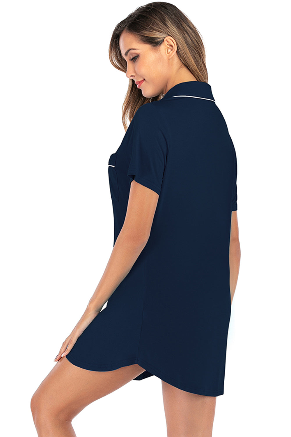 “The Sleep Instincts” Contrast Piping Pocketed Short Sleeve Lounge Dress