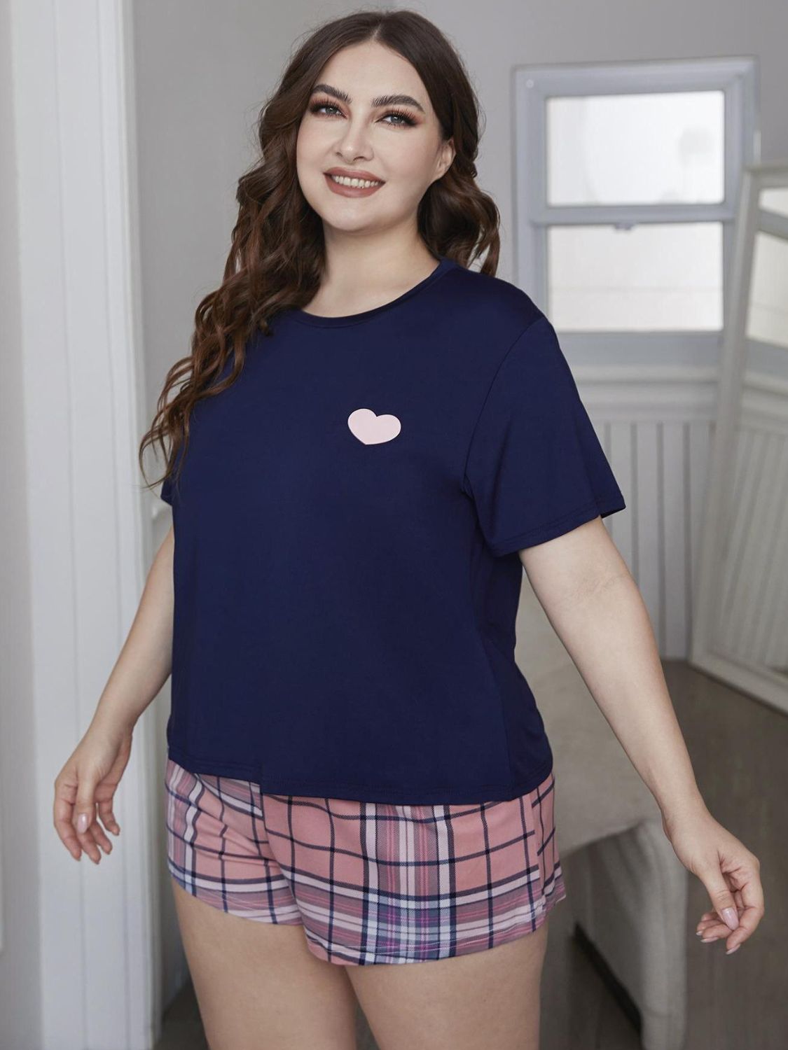 “The Plus Size Heart” Graphic Top and Plaid Shorts Loungewear Set