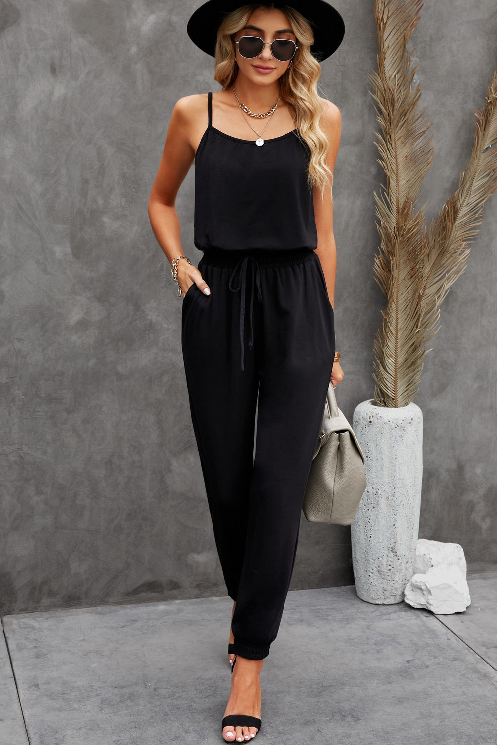 “The Just Existed” Spaghetti Strap Jumpsuit with Pockets