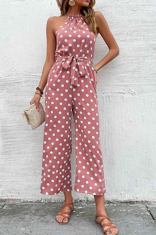 “The Corporate Picnic” Polka Dot Grecian Wide Leg Jumpsuit