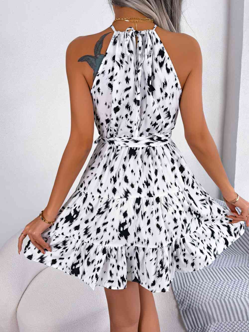 “The Flinstone” Halter Neck Printed Tie Waist Sleeveless Mini Dress