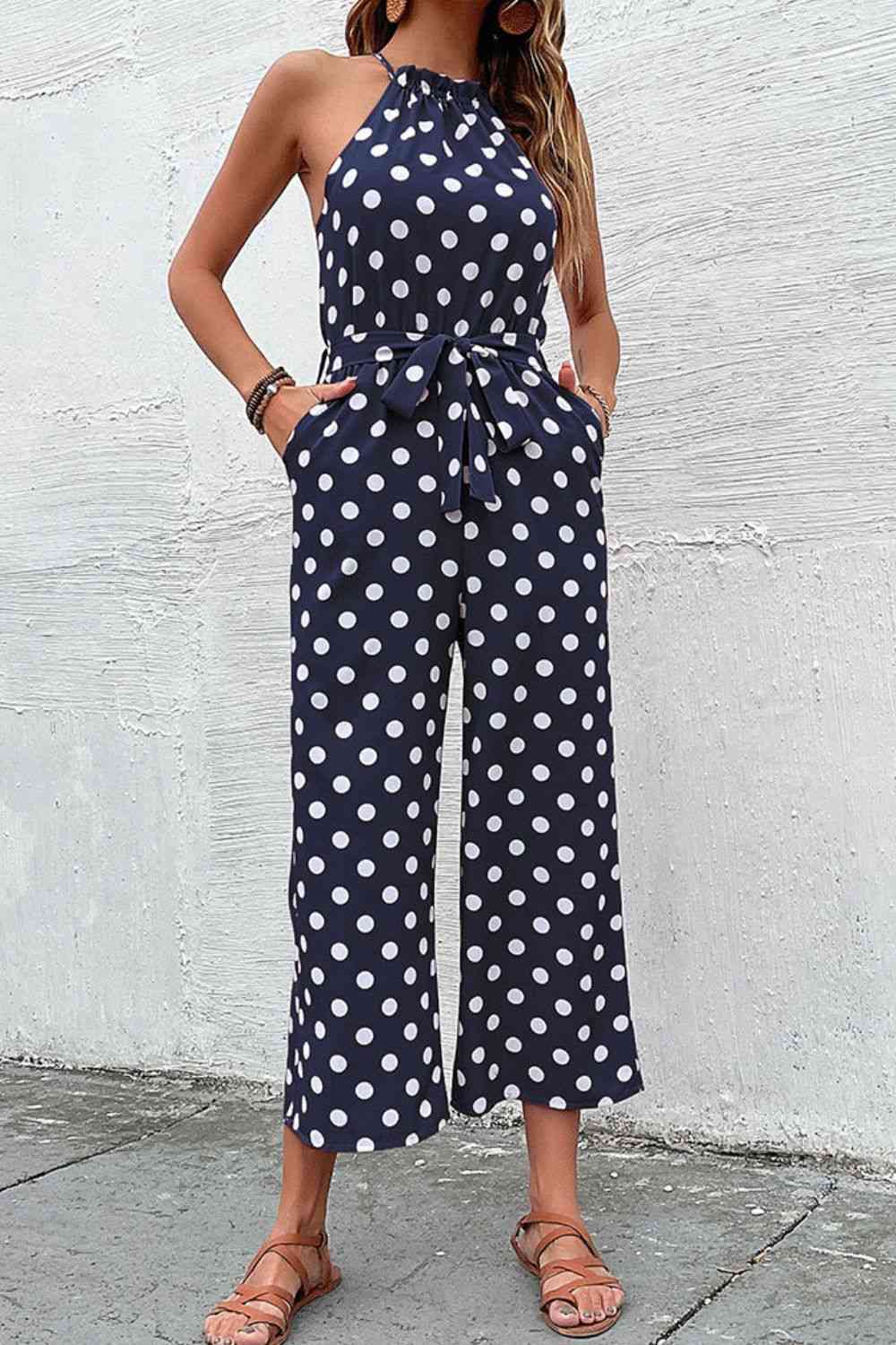 “The Corporate Picnic” Polka Dot Grecian Wide Leg Jumpsuit