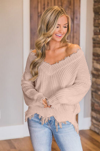 “The Deeply Loved” Frayed Hem Dropped Shoulder Sweater