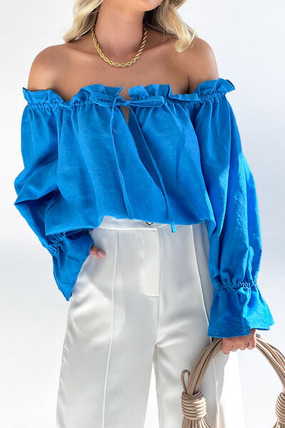 “The Cottage Cutie” Drawstring Off-Shoulder Flounce Sleeve Blouse