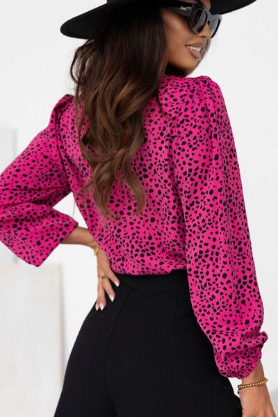 “The Cherise Prowess” Leopard Round Neck Balloon Sleeve Blouse