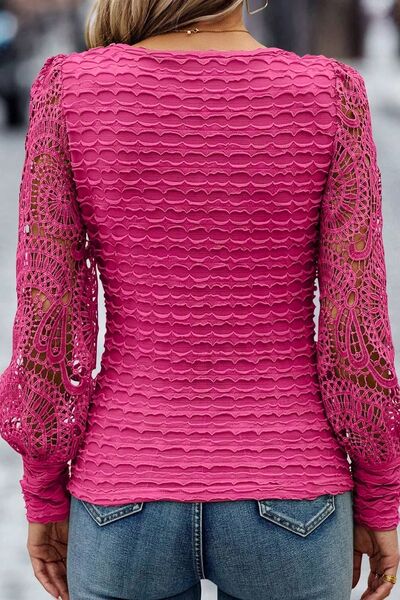 “The Open Arms” Openwork Scoop Neck Long Sleeve Blouse