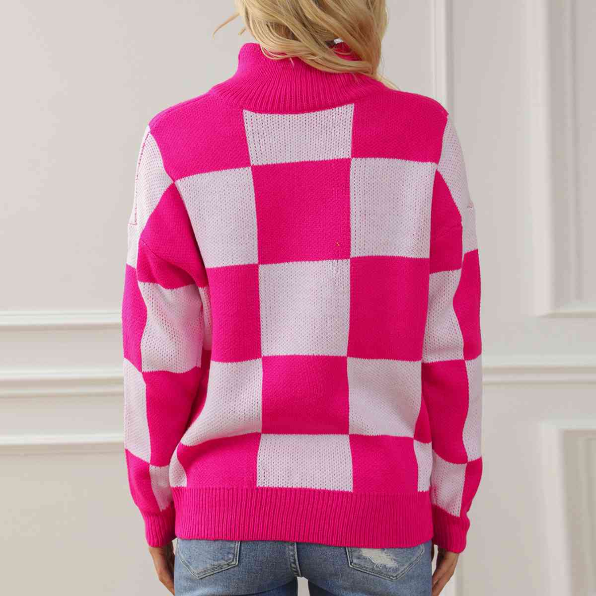 “The Chess Not Checkers” Checkered Half Zip Long Sleeve Sweater