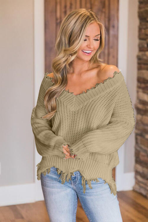 “The Deeply Loved” Frayed Hem Dropped Shoulder Sweater