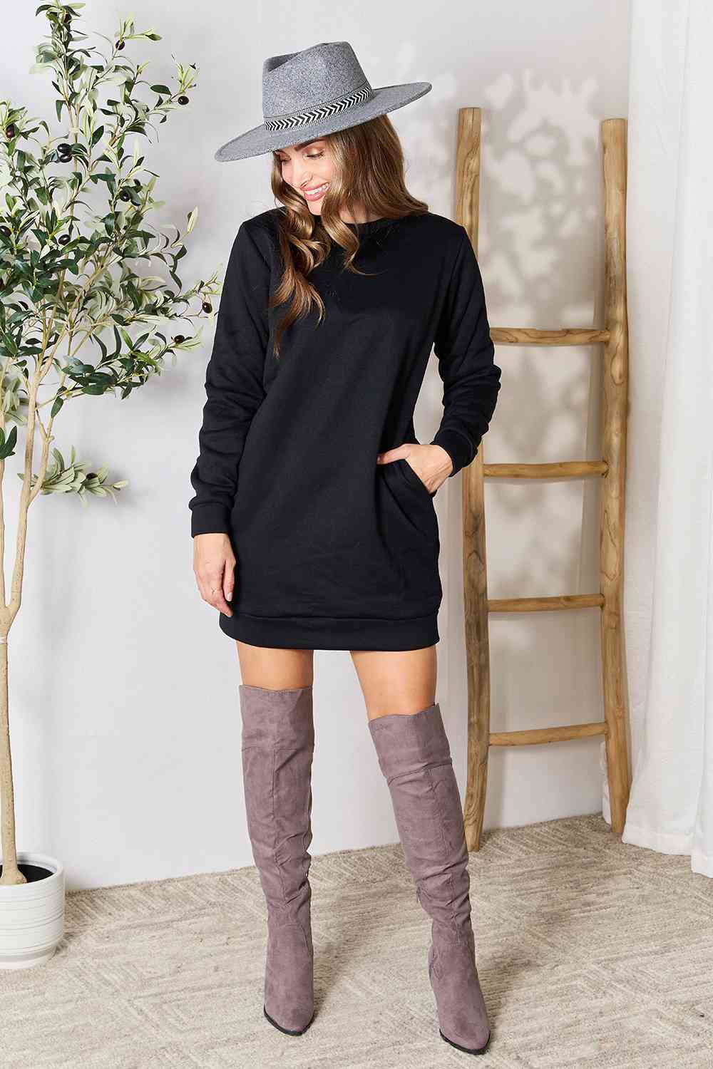 “The Nothing To Hide” Double Take Round Neck Long Sleeve Mini Dress with Pockets