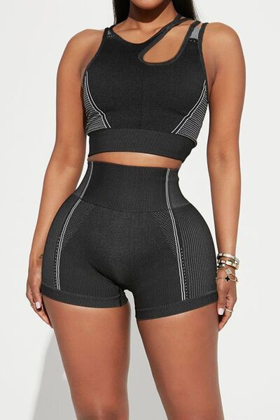 The Work-Out” Asymmetrical Neck Striped Tank and Shorts Active Set