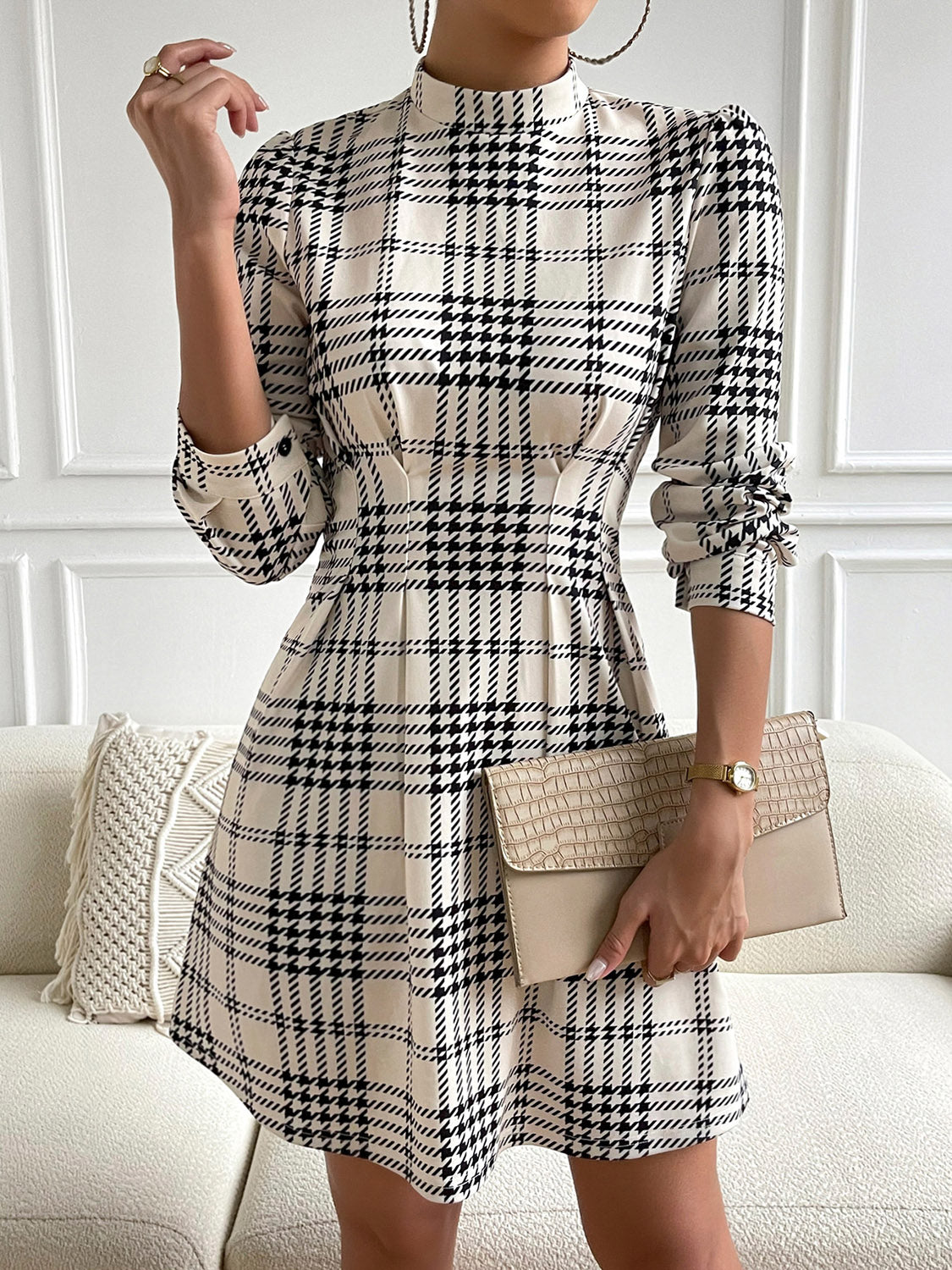 “The Hounder” Houndstooth Mock Neck Cinched Mini Dress