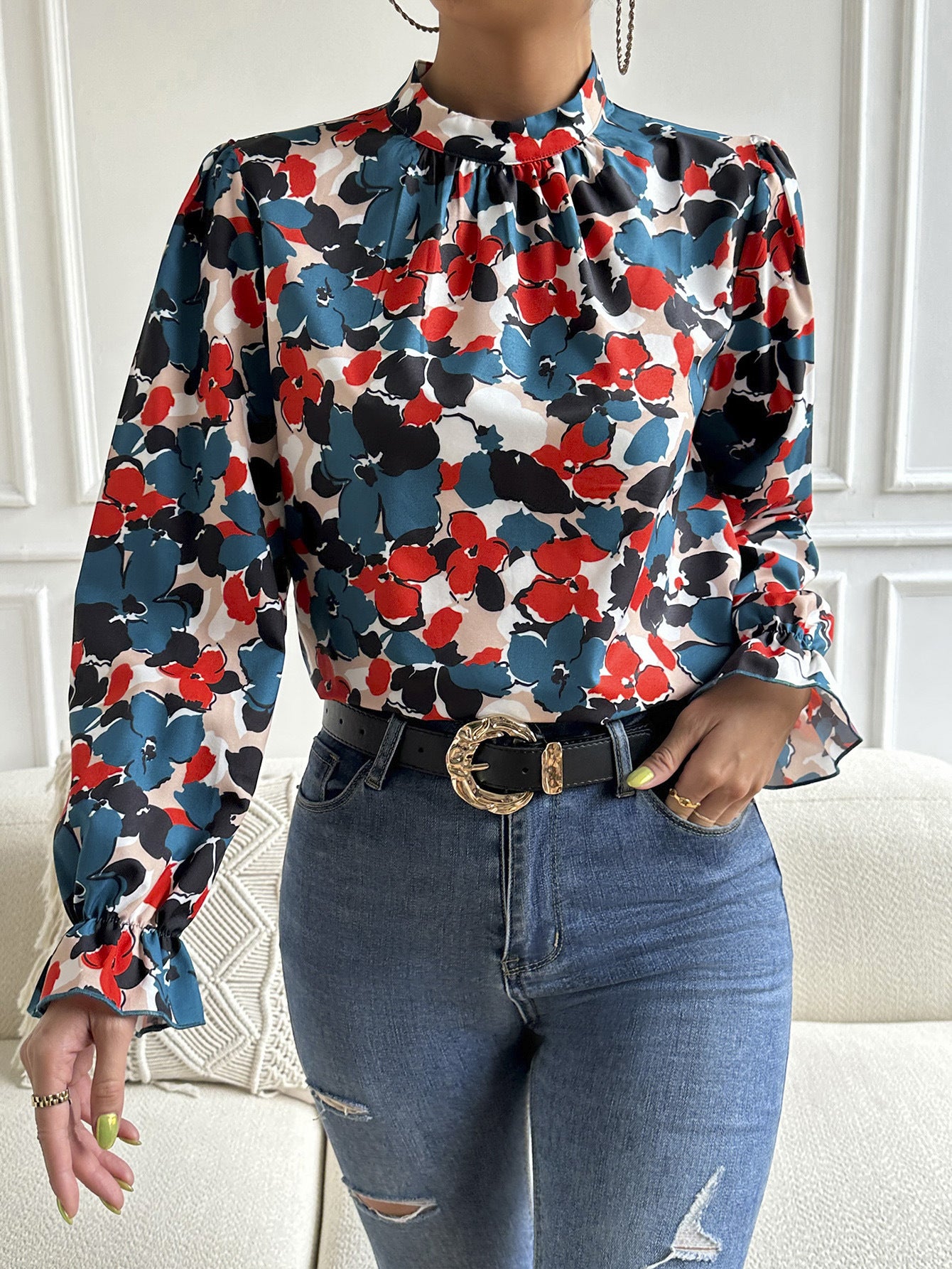 “The Art Showing” Floral Mock Neck Long Flounce Sleeve Blouse