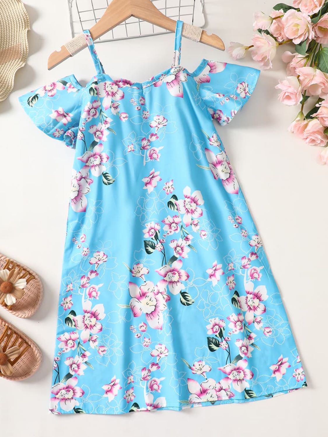 Girls Floral Cold-Shoulder Flutter Sleeve Dress