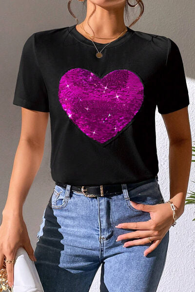 “The Hidden Heart” Sequin Round Neck Short Sleeve T-Shirt