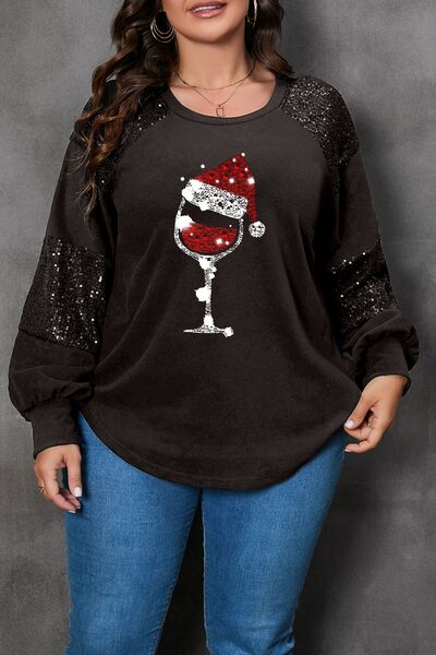 “The Santa Tipper” Plus Size Graphic Sequin Long Sleeve Round Neck T-Shirt