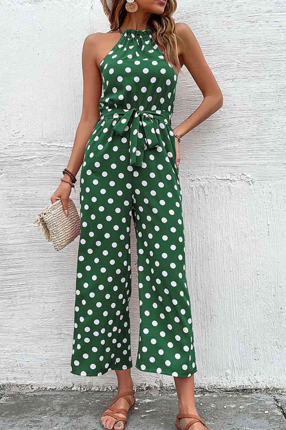 “The Corporate Picnic” Polka Dot Grecian Wide Leg Jumpsuit