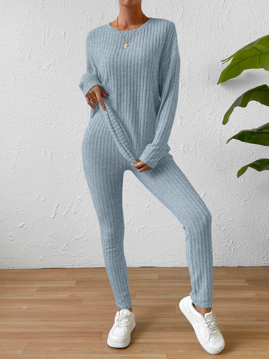 “The Empire” Ribbed Round Neck Top and Pants Set