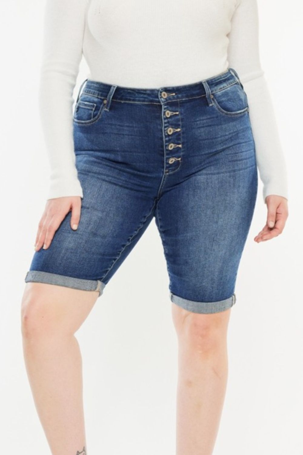 “The Oasis Palms” Full Size Cat's Whiskers Button Fly Denim Shorts