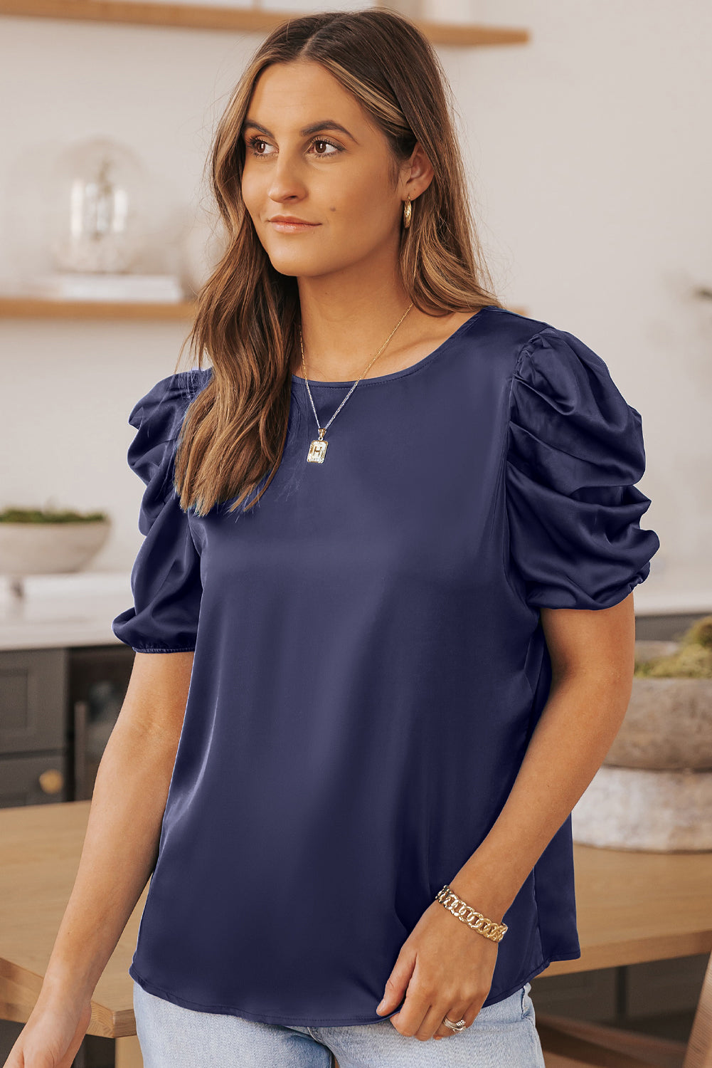 “The Regal” Puff Sleeve Round Neck Blouse