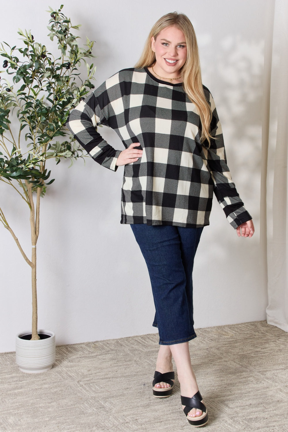 “The Checkered Celeste” Full Size Plaid Round Neck Long Sleeve T-Shirt