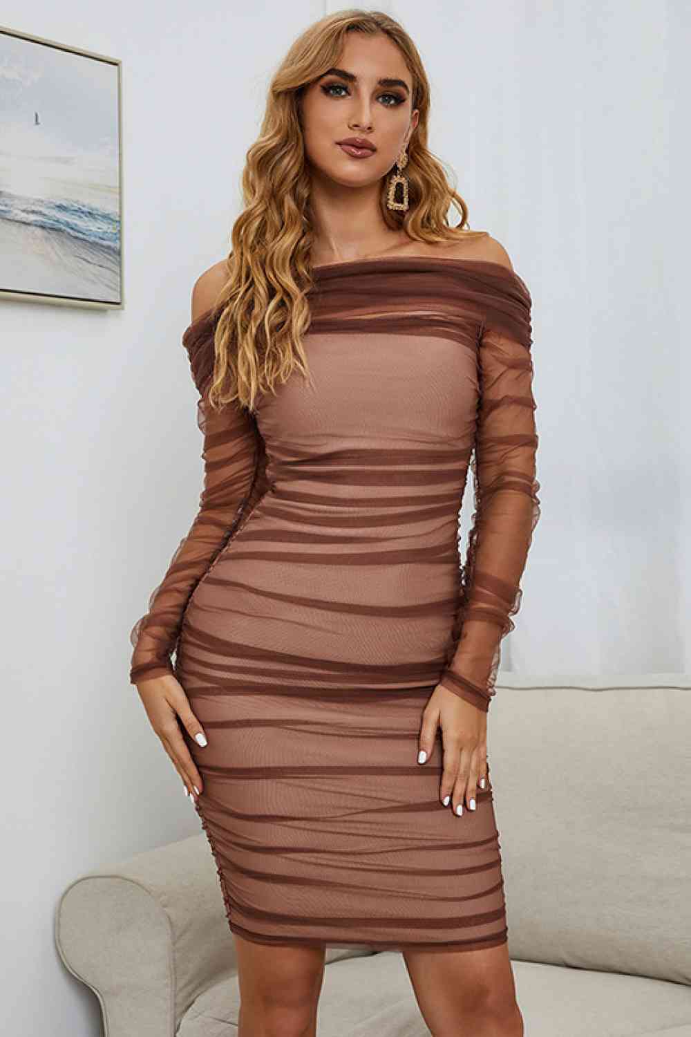 The Luncheon” Off-Shoulder Ruched Long Sleeve Tulle Dress