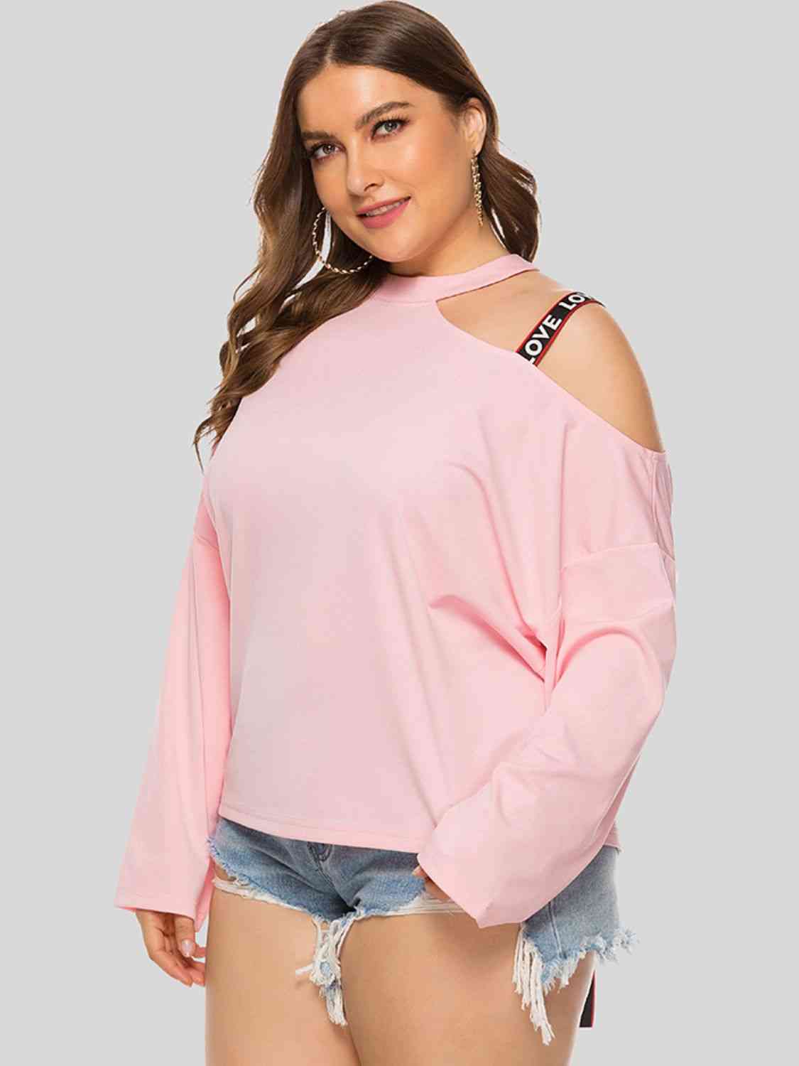 “The Love Strap” Plus Size Cold-Shoulder Round Neck Blouse