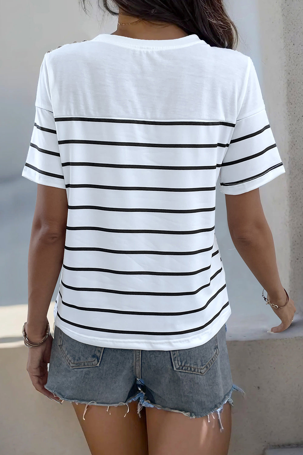 “The Aaliya” Decorative Button Striped Short Sleeve T-Shirt