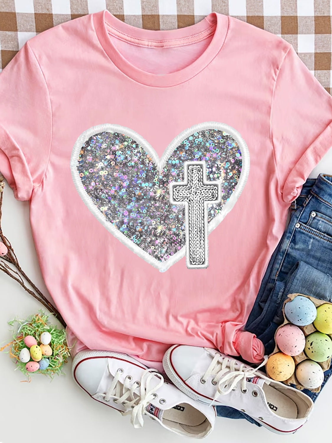 “The Glory” Sequin Heart Round Neck Short Sleeve T-Shirt