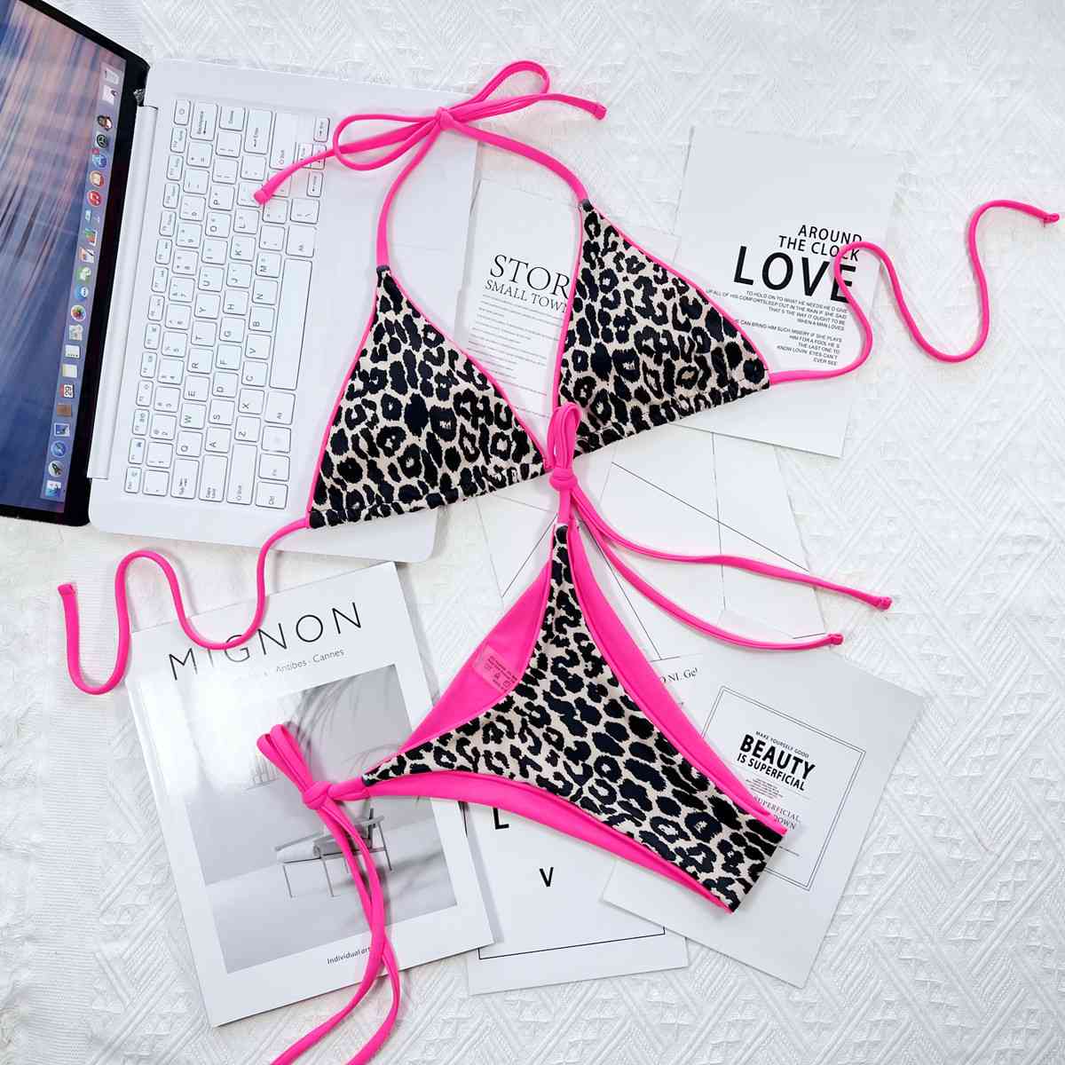 “The Glow Leopard” Print Halter Neck Tie Side Bikini Set